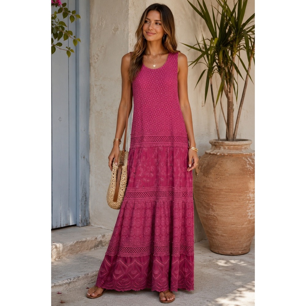 NWT Sundance Maxi Dress Mauve Rose Eyelet Tiered Sleeveless Boho Size Large